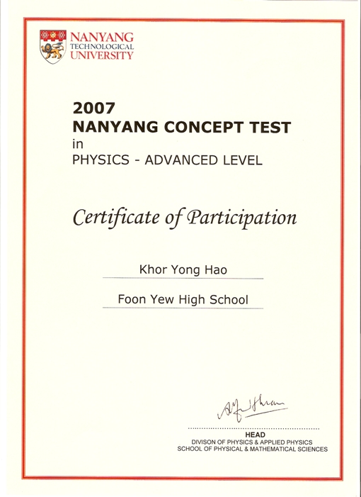 Nanyang Concept Test in Physics - Advanced Level - Certificate of Participation